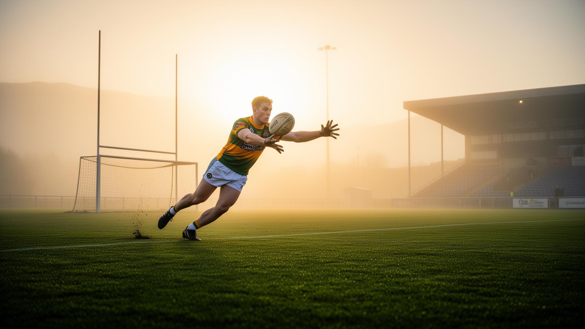 GAA player taking a shot at goal on a misty Irish pitch